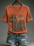 Western Cross Saved By Grace V-Neck Shirt Clothes Of Faith Christian Gift Ideas - Merchluma
