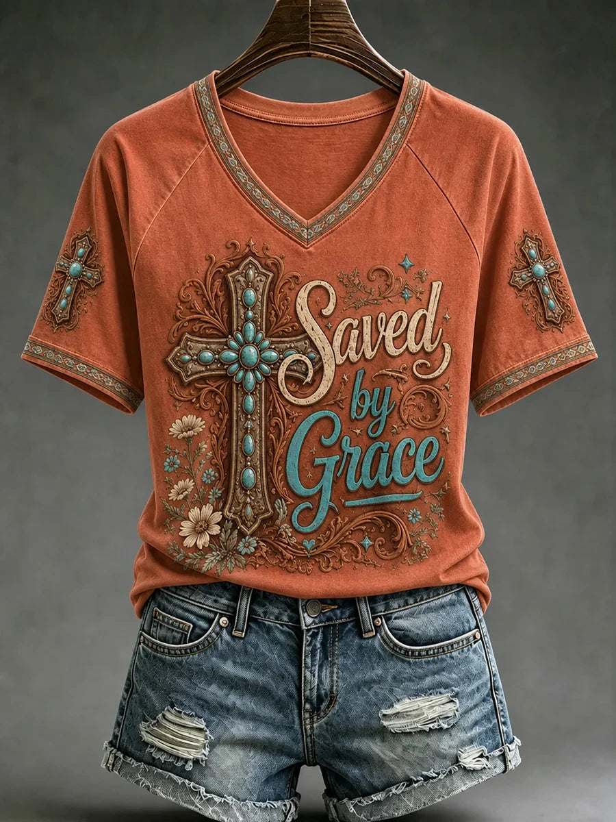 Western Cross Saved By Grace V-Neck Shirt Clothes Of Faith Christian Gift Ideas - Merchluma