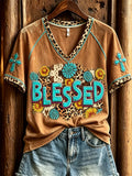 Blessed Turquoise Cowhide Leopard Christian Western V-Neck Shirt Religious Gift Ideas - Merchluma