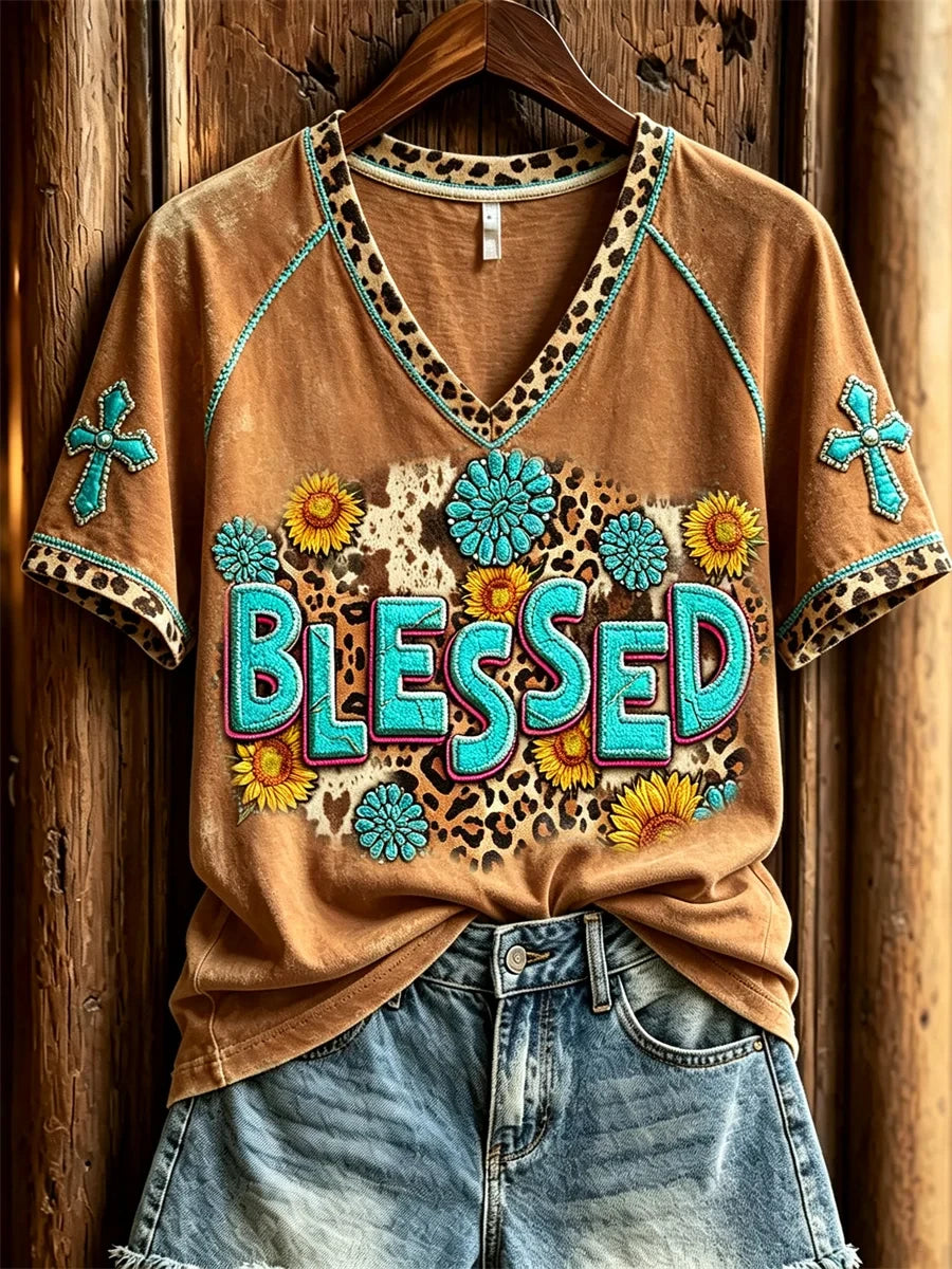 Blessed Turquoise Cowhide Leopard Christian Western V-Neck Shirt Religious Gift Ideas - Merchluma