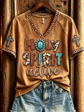 Holy Spirit Active Turquoise Leopard Cowhide Western V-Neck Shirt Cool Christian Apparel - Merchluma
