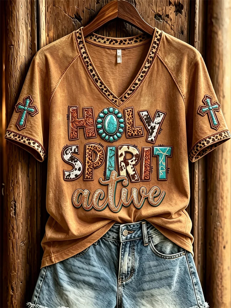 Holy Spirit Active Turquoise Leopard Cowhide Western V-Neck Shirt Cool Christian Apparel - Merchluma
