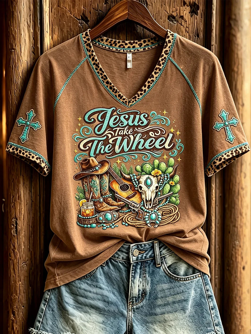 Jesus Take The Wheel Christian Western V-Neck Shirt Faith Inspired Clothing Gift for Her - Merchluma