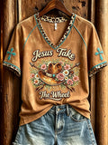 Jesus Take The Wheel V-Neck Shirt Western Themed Christian Clothing Religious Gifts - Merchluma