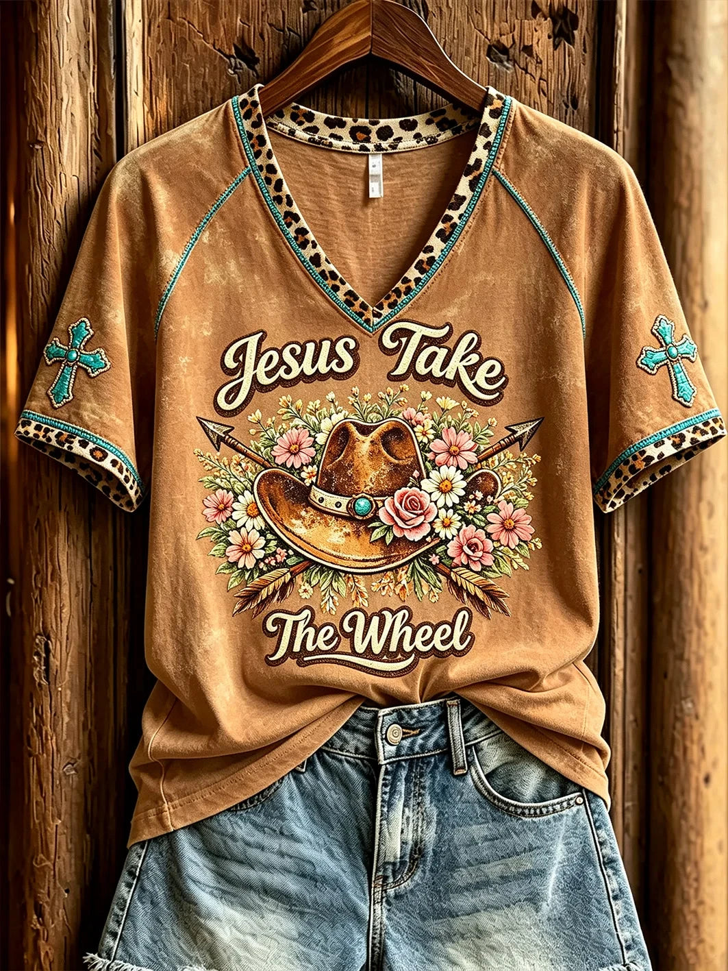 Jesus Take The Wheel V-Neck Shirt Western Themed Christian Clothing Religious Gifts - Merchluma