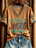 Only Talking To Jesus Today Turquoise Cross Leopard Western V-Neck Shirt Christian Gifts - Merchluma