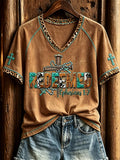 Redeemed Turquoise Cross Leopard Western V-Neck Shirt Christian Gifts For Ladies - Merchluma