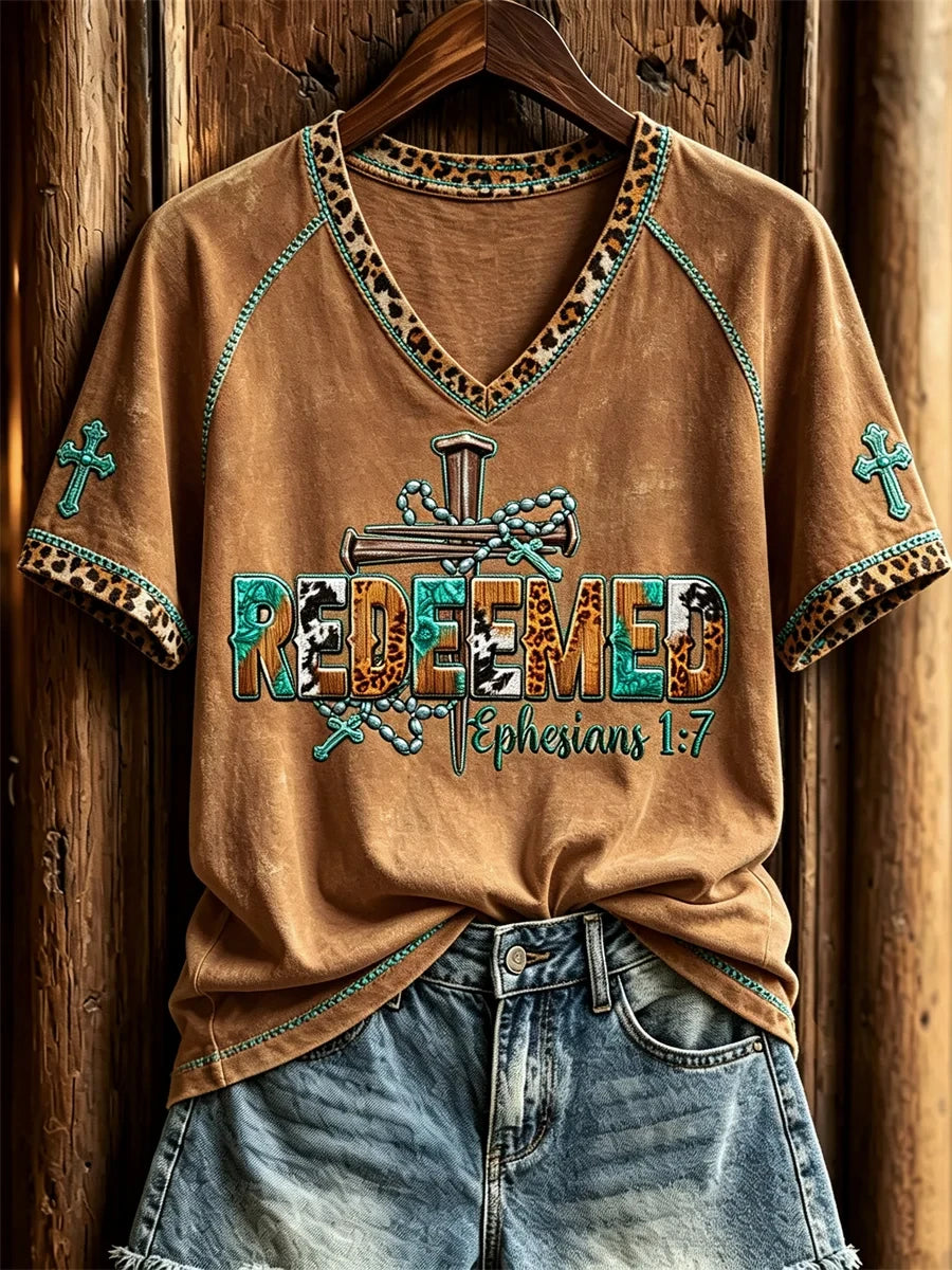 Redeemed Turquoise Cross Leopard Western V-Neck Shirt Christian Gifts For Ladies - Merchluma