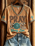 Pray More Worry Less Western Turquoise And Cross V-Neck Shirt Womens Christian Apparel - Merchluma