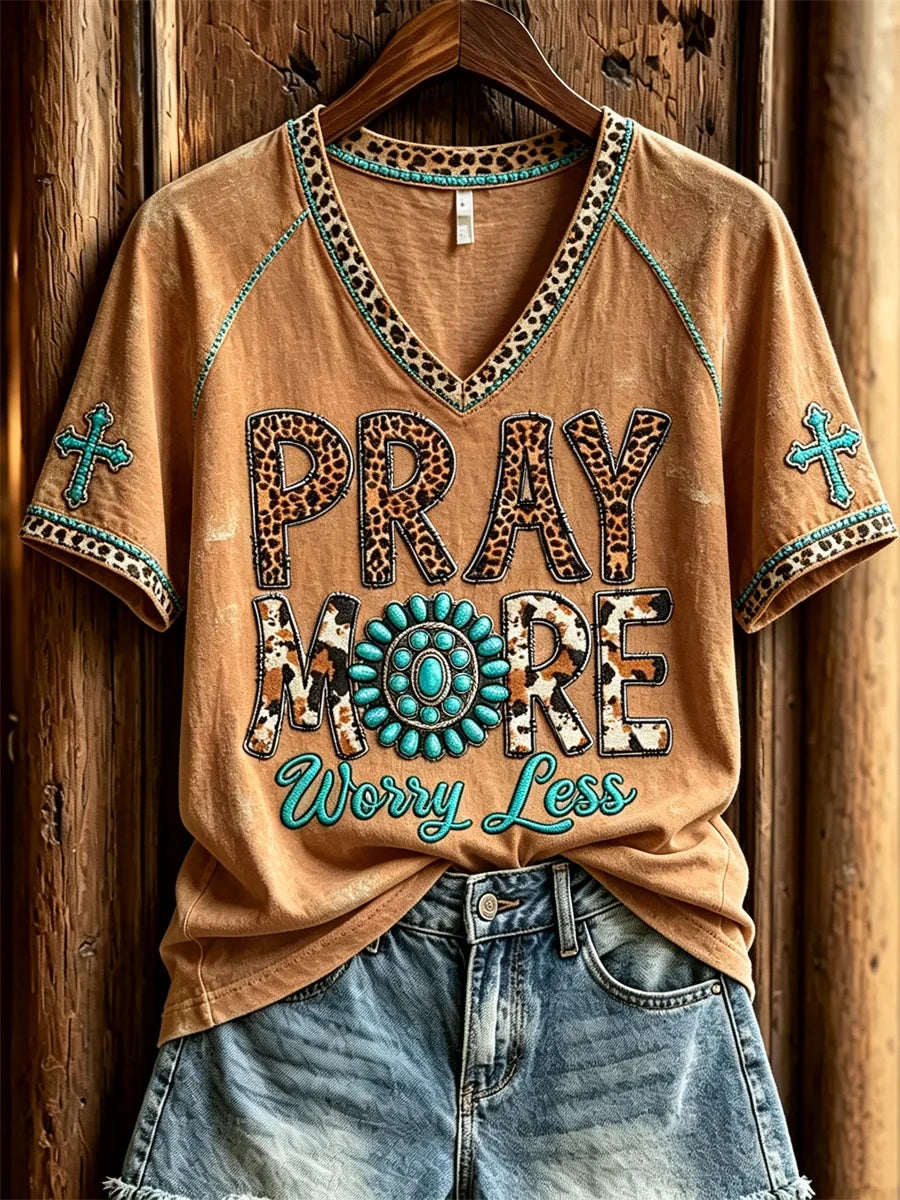 Pray More Worry Less Western Turquoise And Cross V-Neck Shirt Womens Christian Apparel - Merchluma