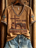 Pray More Worry Less Praying Cowgirl And Horse Western V-Neck Shirt Christian Presents - Merchluma