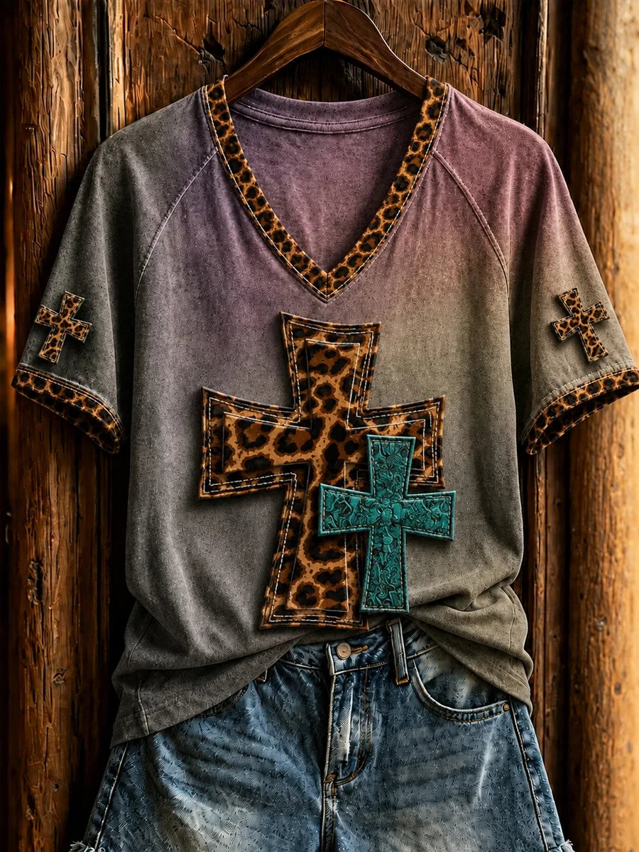 Retro Western Christian Cross V-Neck T-Shirt Faith Based Women's Clothing Gifts For Religious - Merchluma