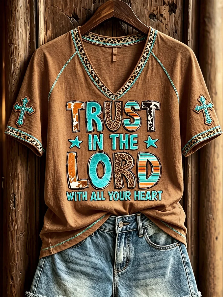 Trust In The Lord With All Your Heart Turquoise Cross Leopard Western V-Neck Shirt Christ Gifts - Merchluma