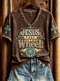 Western Jesus Take The Wheel V-Neck Shirt Christian Faith Clothing Gifts For Christ - Merchluma