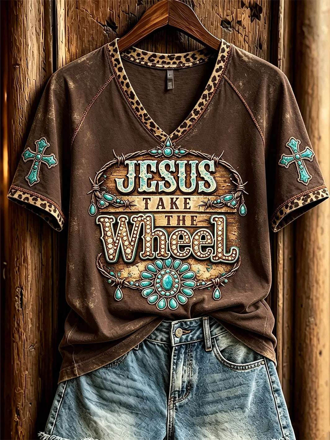Western Jesus Take The Wheel V-Neck Shirt Christian Faith Clothing Gifts For Christ - Merchluma