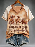 Western Walking By Faith Tripping Constantly V-Neck Shirt Faith Wear Clothing Gift For BFF - Merchluma