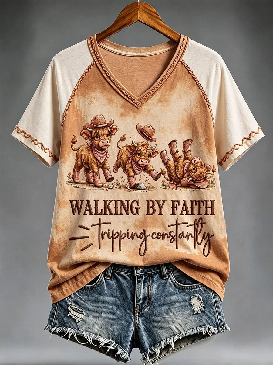 Western Walking By Faith Tripping Constantly V-Neck Shirt Faith Wear Clothing Gift For BFF - Merchluma