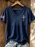 Faith Cross V-Neck Shirt USA Flag Shirts Faith Based Clothing Lines Present For Wife - Merchluma
