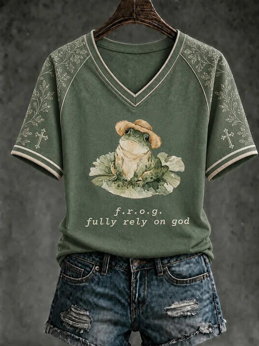 Christian Fully Rely On God Frog V-Neck Shirt Faith Apparel Gifts For Church Members - Merchluma