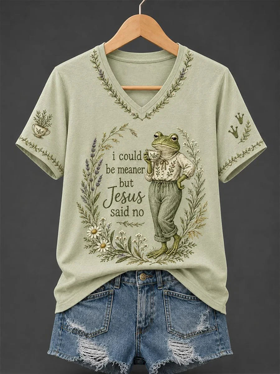 Frog I Could Be Meaner But Jesus Said No V-Neck Shirt Faith Humor Clothing Gift For Christ - Merchluma