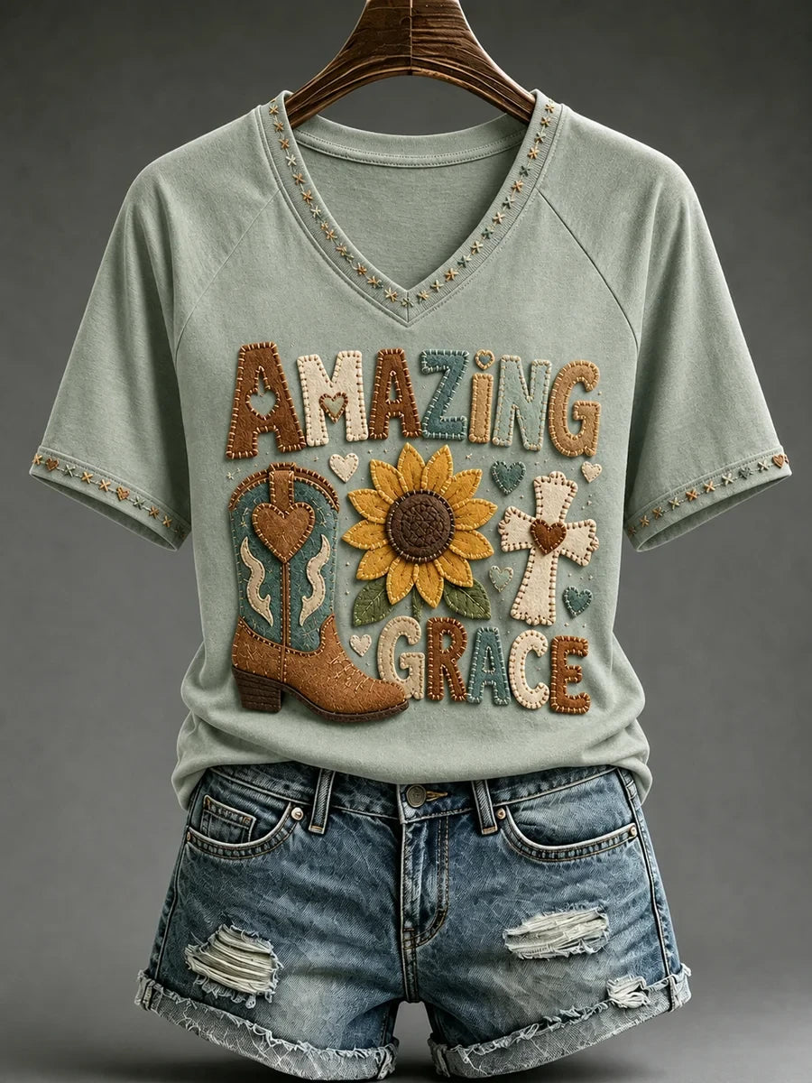 Retro Western Cross Amazing Grace V-Neck Shirt Faith Christian Shirts Religious Gifts For Her - Merchluma