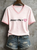 Jesus Plus Me Equals Heart V-Neck Shirt, Pink Striped Christian Apparel Cute Jesus Lover Gifts - Merchluma
