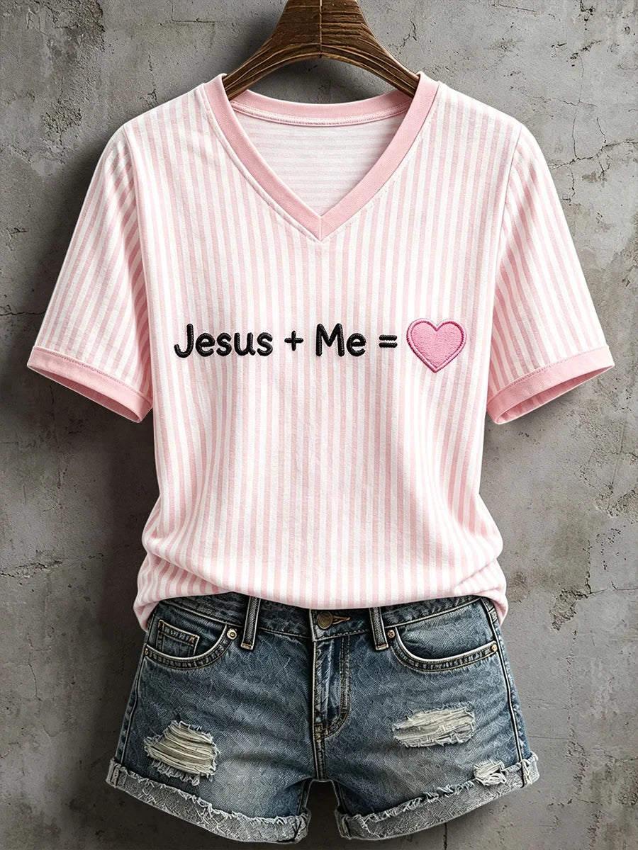 Jesus Plus Me Equals Heart V-Neck Shirt, Pink Striped Christian Apparel Cute Jesus Lover Gifts - Merchluma