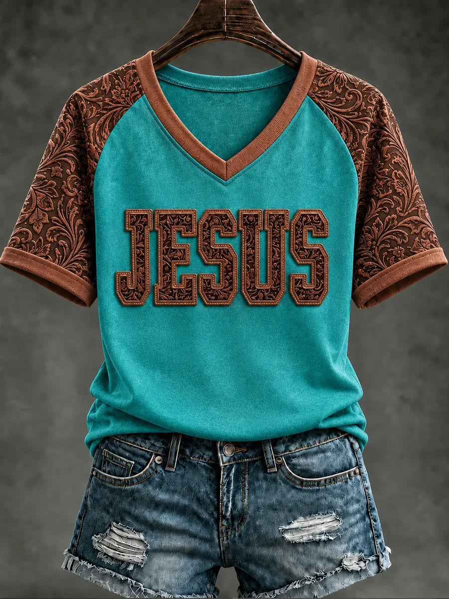 Retro Western Christian Jesus V-Neck Shirt Women's Religious Clothing Gift For Jesus Lovers - Merchluma