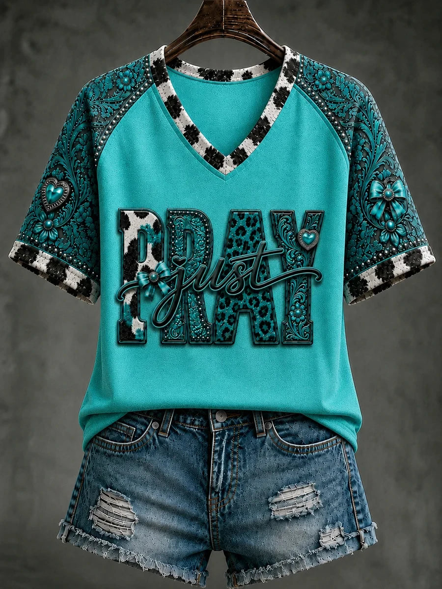 Retro Western Christian Just Pray V-Neck Shirt Love In Faith Apparel Unique Religious Gifts - Merchluma