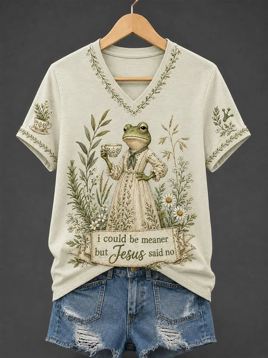 Frog I Could Be Meaner But Jesus Said No V-Neck Shirt Funny Christian Apparel Gift For BFF - Merchluma