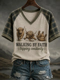 Highland Cow Walking By Faith Tripping Constantly V-Neck Shirt Religious Gifts For Her - Merchluma