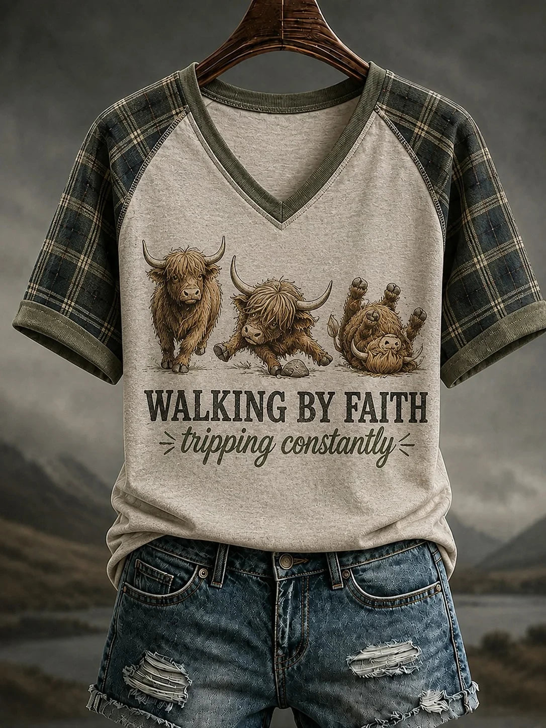 Highland Cow Walking By Faith Tripping Constantly V-Neck Shirt Religious Gifts For Her - Merchluma
