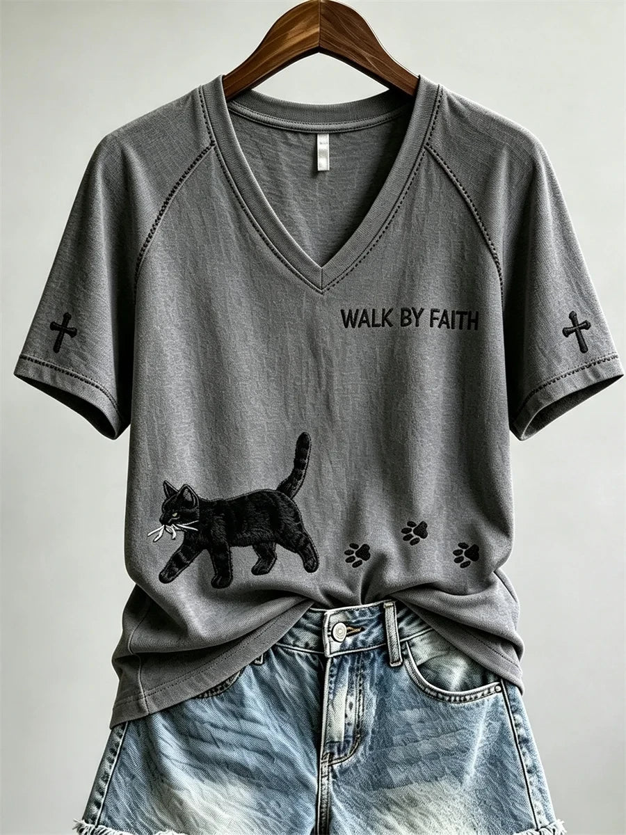 Walk By Faith Black Cat And Paw V-Neck Shirt Christian Apparel Best Gifts For Cat Lovers - Merchluma