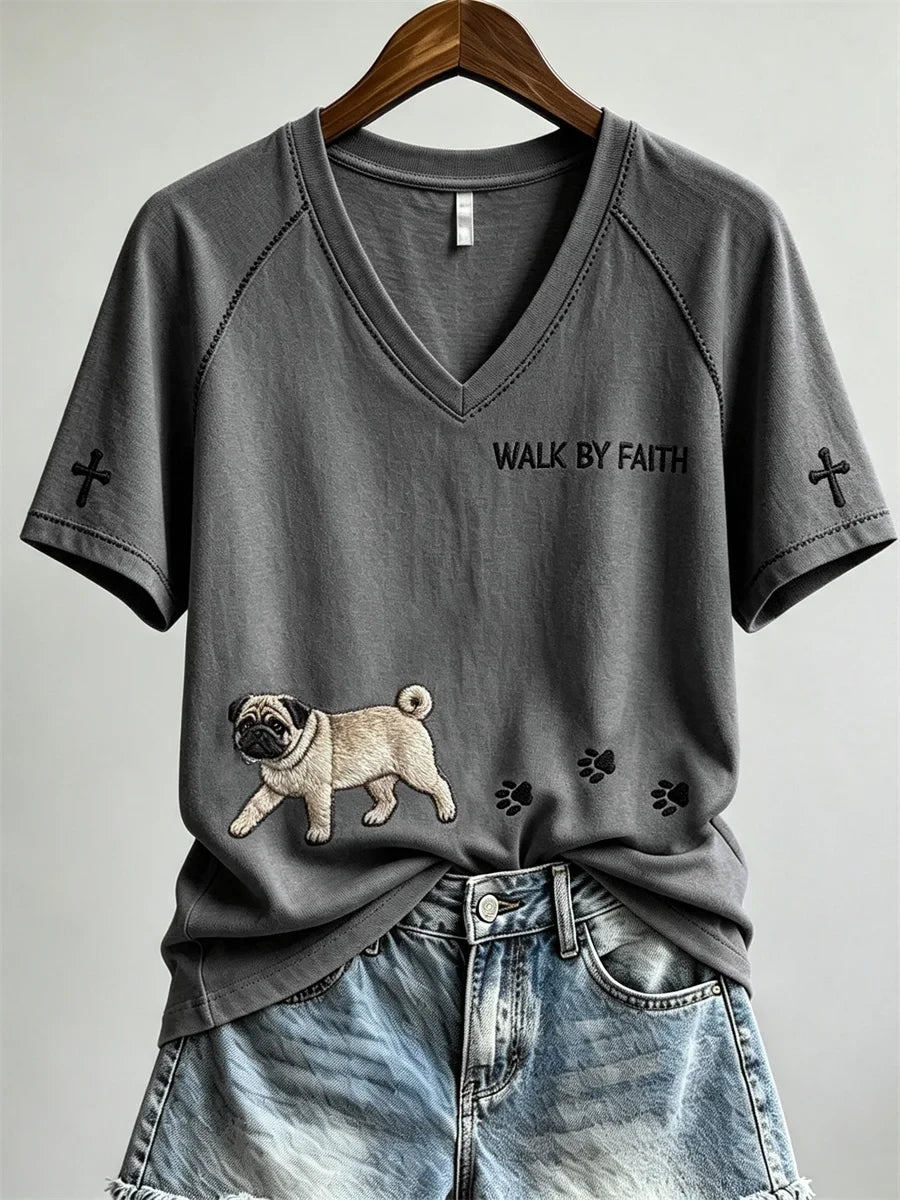 Walk By Faith Pug Dog And Paw V-Neck Shirt Faith In Love Clothing Gift For Pug Lovers - Merchluma