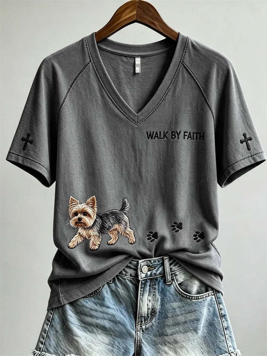 Walk By Faith Yorkshire Dog And Paw V-Neck Shirt Faith Based Clothing Stores Gift For Mom - Merchluma