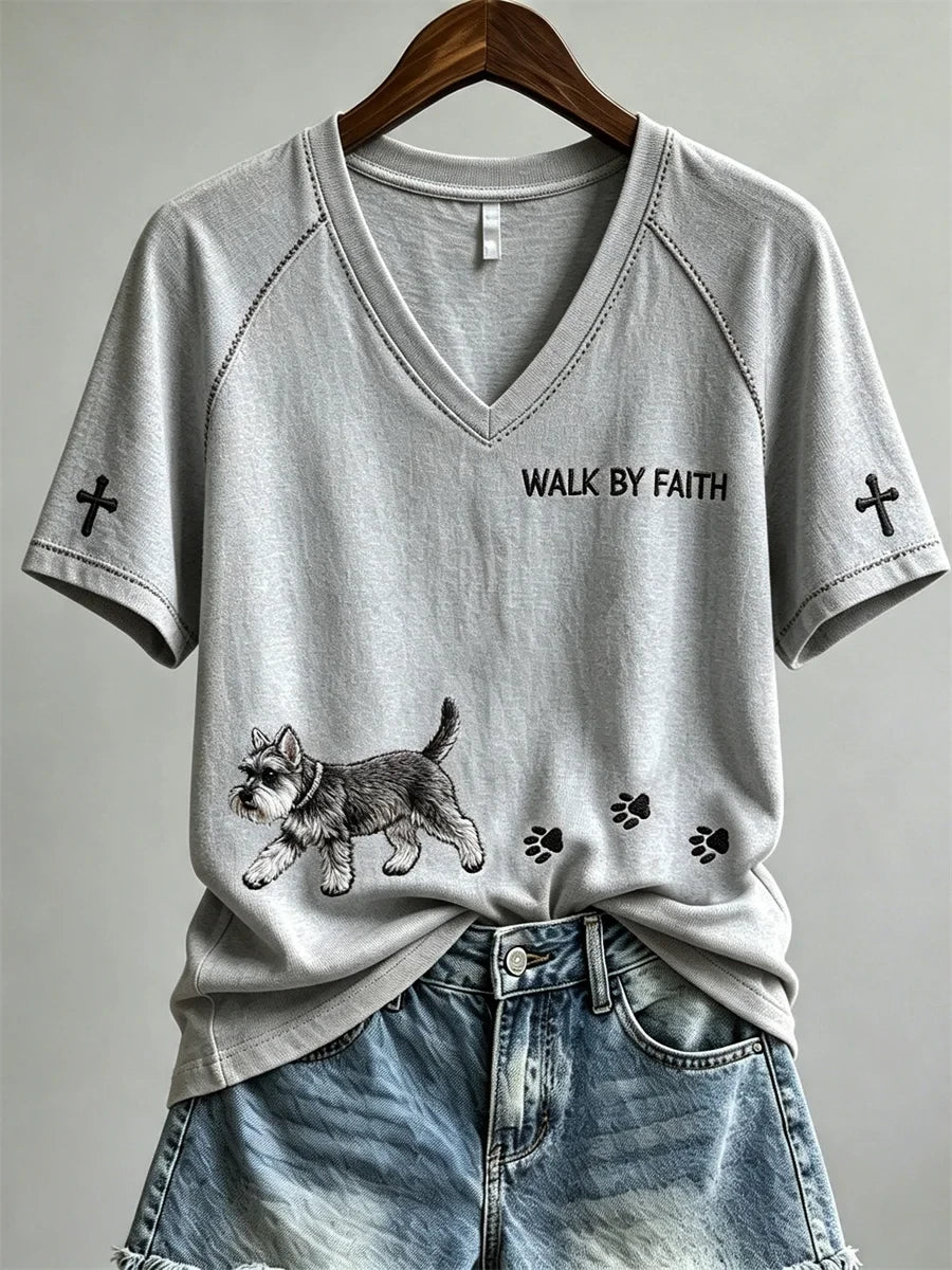 Walk By Faith Schnauzer Dog And Paw V-Neck Shirt Elevated Faith Apparel Schnauzer Lover Gifts' - Merchluma