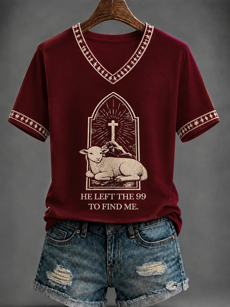 He Left The 99 To Find Me V-Neck T-Shirt Bible Quotes Clothing Great Christian Gifts - Merchluma