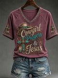 Western Cowgirl Prayers And Jesus V-Neck Shirt Elevated Faith Clothing Christian Gifts - Merchluma