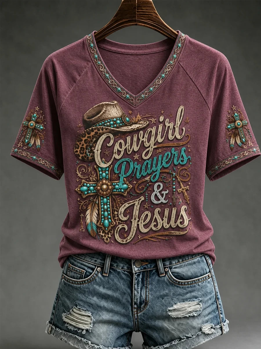 Western Cowgirl Prayers And Jesus V-Neck Shirt Elevated Faith Clothing Christian Gifts - Merchluma