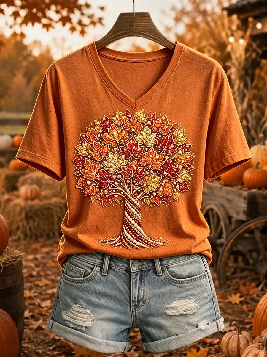 Fall Tree Cozy V-Neck Shirt Autumn Season Clothes Present Ideas For My Wife - Merchluma