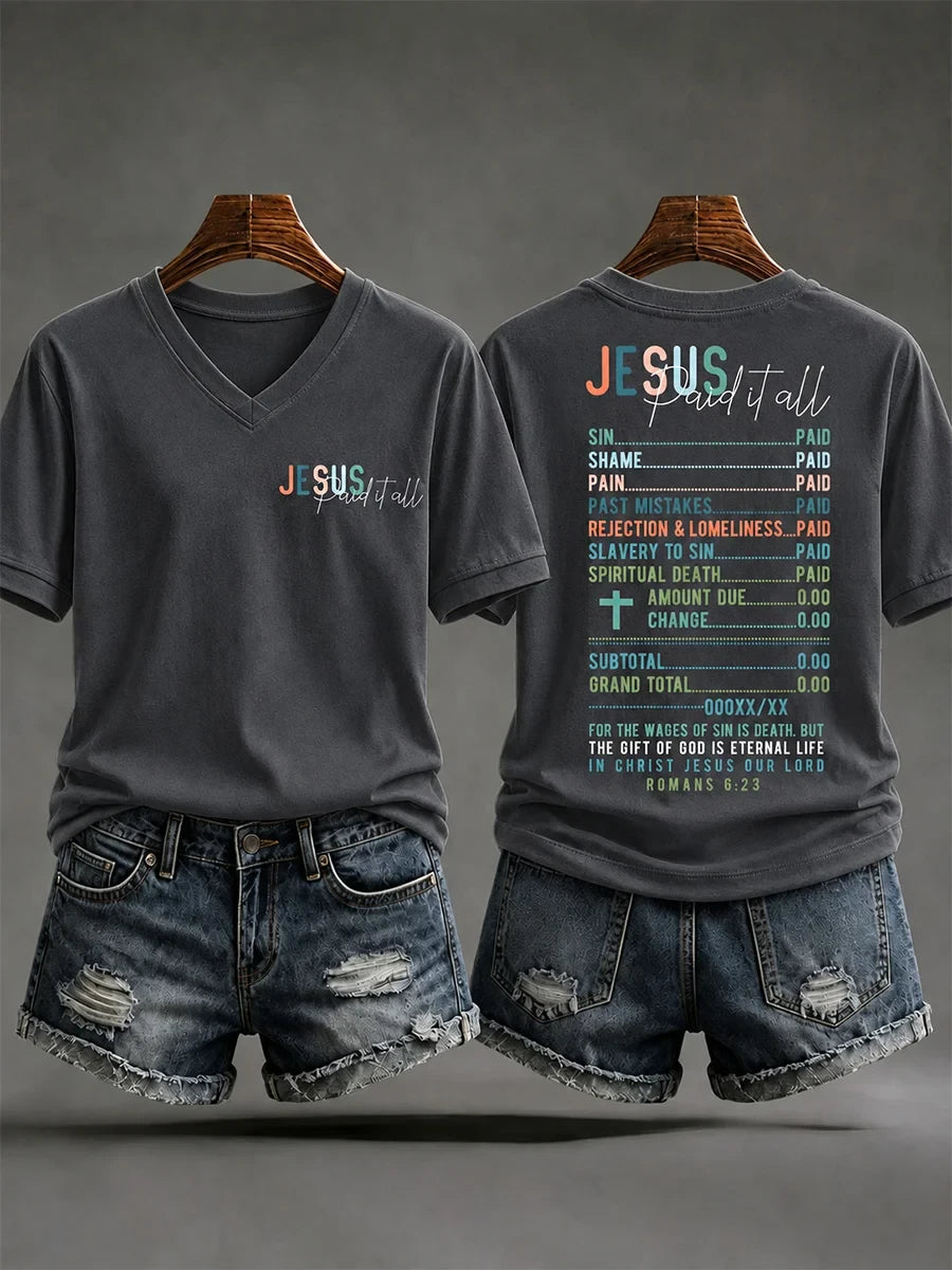 Jesus Paid It All V-Neck T-Shirt Christian Faith Clothing Christian Gifts For Mom - Merchluma