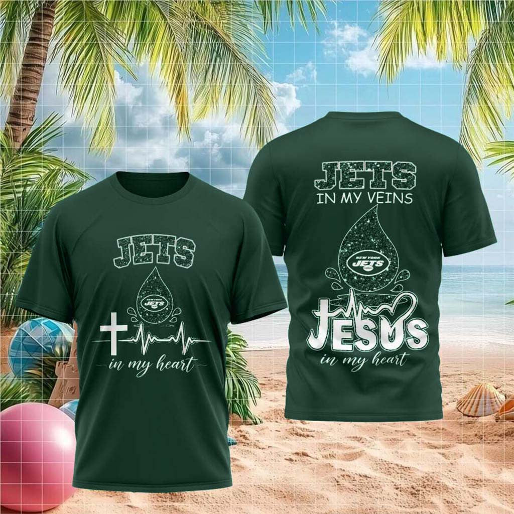 New York Jets Jesus In My Heart Cross Shirt NY Jets Merch Christian Apparel Football Fan Gear - Merchluma