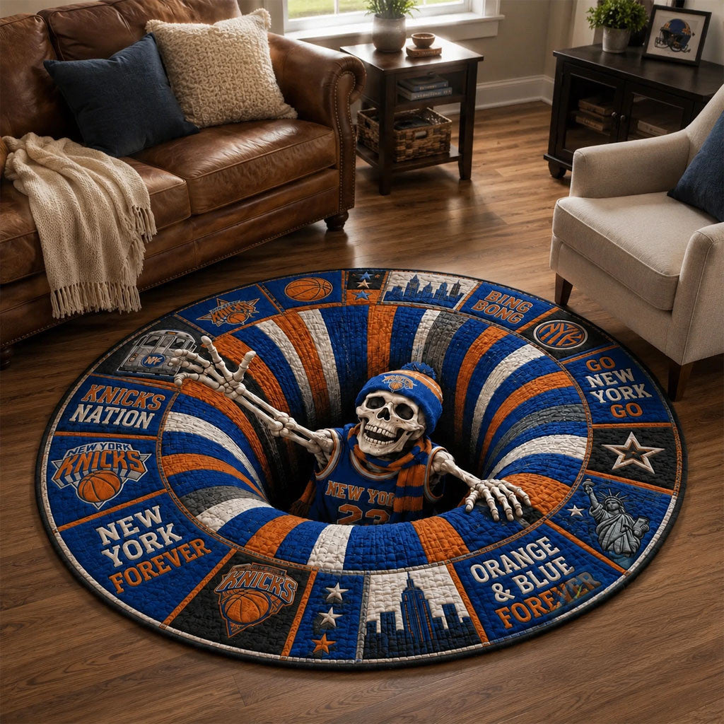 New York Knicks Halloween 2026 Skeleton Illusion Round Rug NY Knicks Merch Basketball Fan Gifts - Merchluma
