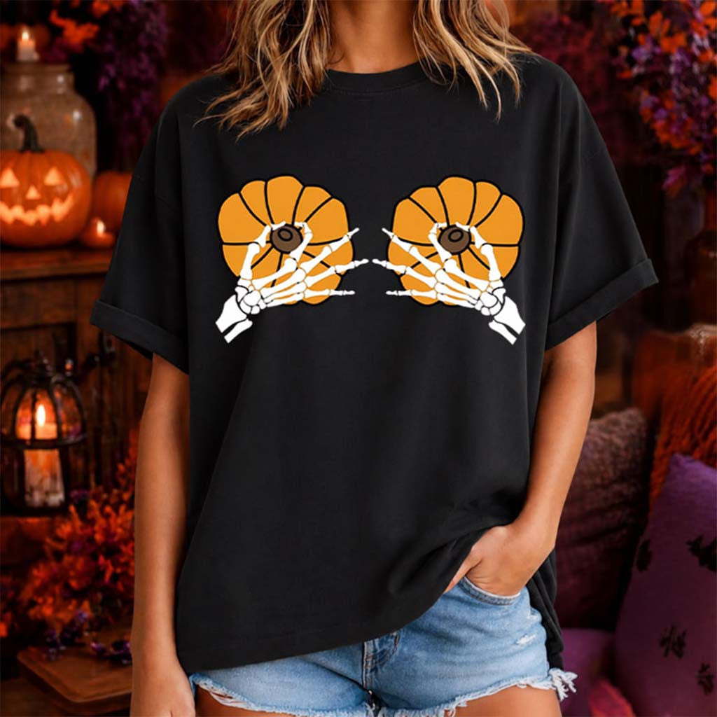 Breast Cancer Awareness Halloween Skeleton Hands And Orange Pumpkins T-Shirt Funny Gifts - Merchluma