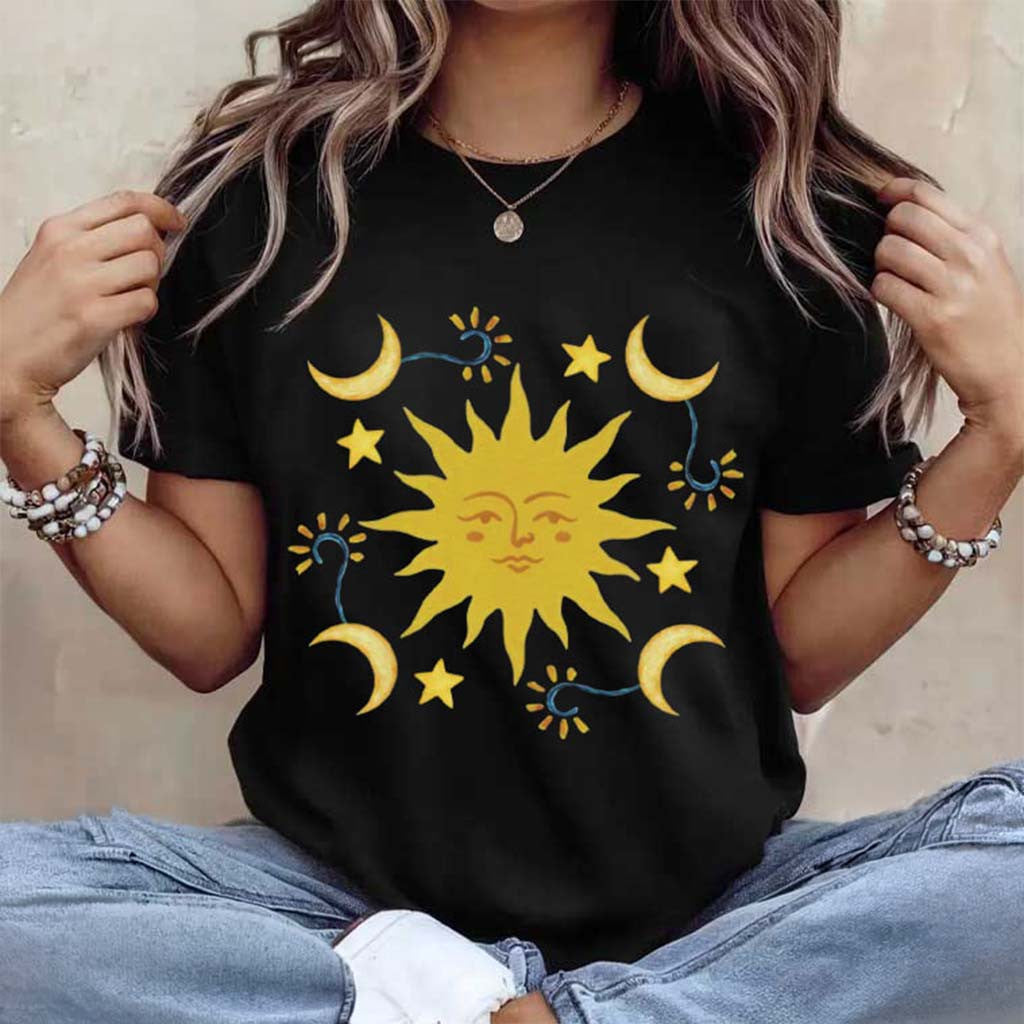 Celestial Sun With Crescent Moons Boho Mystic Graphic T-Shirt Birthday Gifts For Sisters - Merchluma