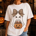 Halloween Cute Ghost Leopard Bow T-Shirt Kawaii Spooky Season Outfits Gift For Her - Merchluma