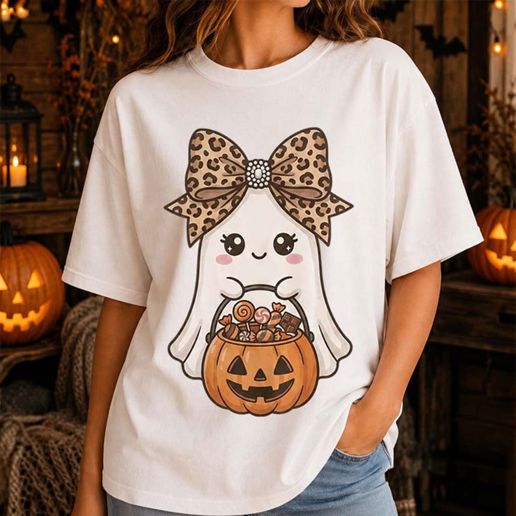 Halloween Cute Ghost Leopard Bow T-Shirt Kawaii Spooky Season Outfits Gift For Her - Merchluma