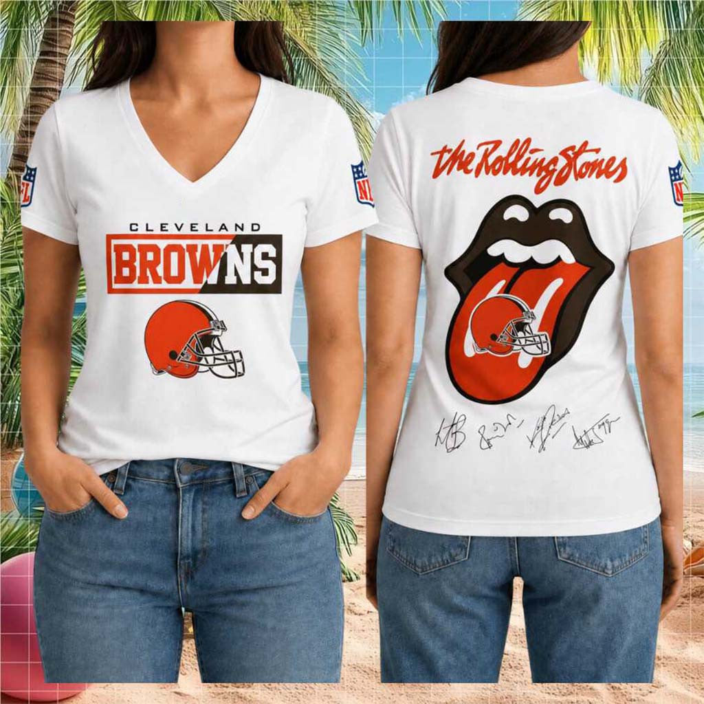 Cleveland Browns Rolling Stones Logo Helmet Signature V-Neck Shirt Cleveland Browns Merch - Merchluma
