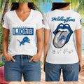 Detroit Lions Rolling Stones Tongue Logo V-Neck Shirt Detroit Lions Merch Game Day Outfits - Merchluma