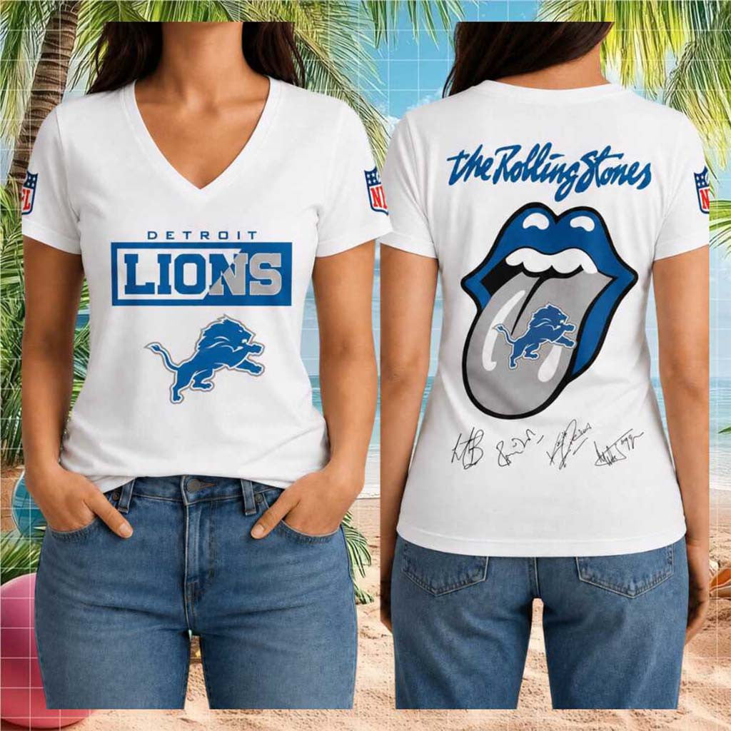 Detroit Lions Rolling Stones Tongue Logo V-Neck Shirt Detroit Lions Merch Game Day Outfits - Merchluma